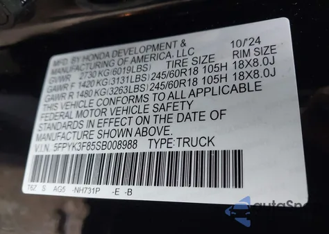 2025 Honda Ridgeline Black Edition z USA, uszkodzony, nr VIN 5FPYK3F85SB008988